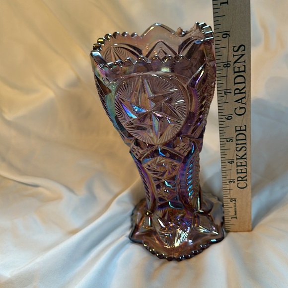 Vintage L. E. Smith Nortec Ohio Star Carnival Iridescent Amethyst Glass Vase 9" - Picture 7 of 10